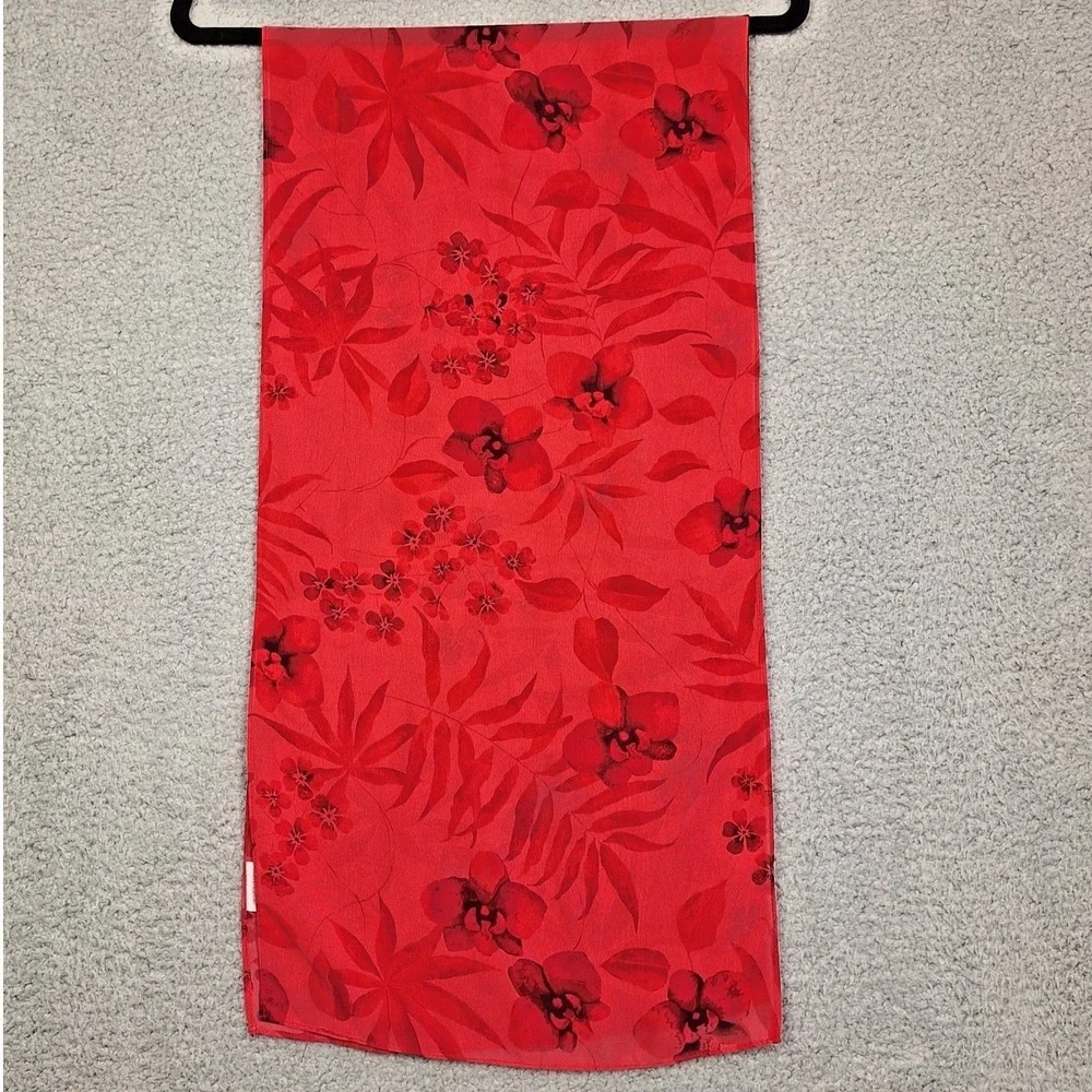 Vintage Scarf Womens Red Floral Botanical‎ Sheer Chiffon 13 in x 52 in